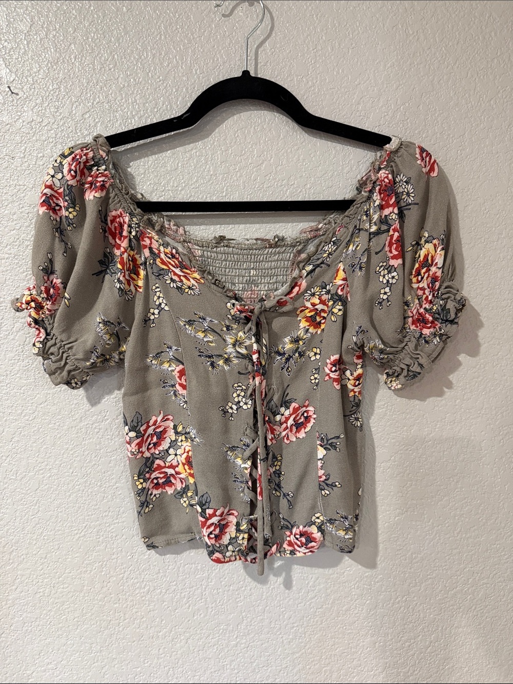 Floral Tie-Front Smocked Crop Top